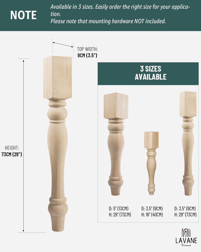La Vane 29x3.5x3.5 inch Wooden Chunky Farmhouse Table Legs, Set of 4 Solid Wood Massive Unfinished Turned Replacement Countertop Legs Kitchen Island Cabinet Columns for Bench Coffee Table Dining Table - Image 5